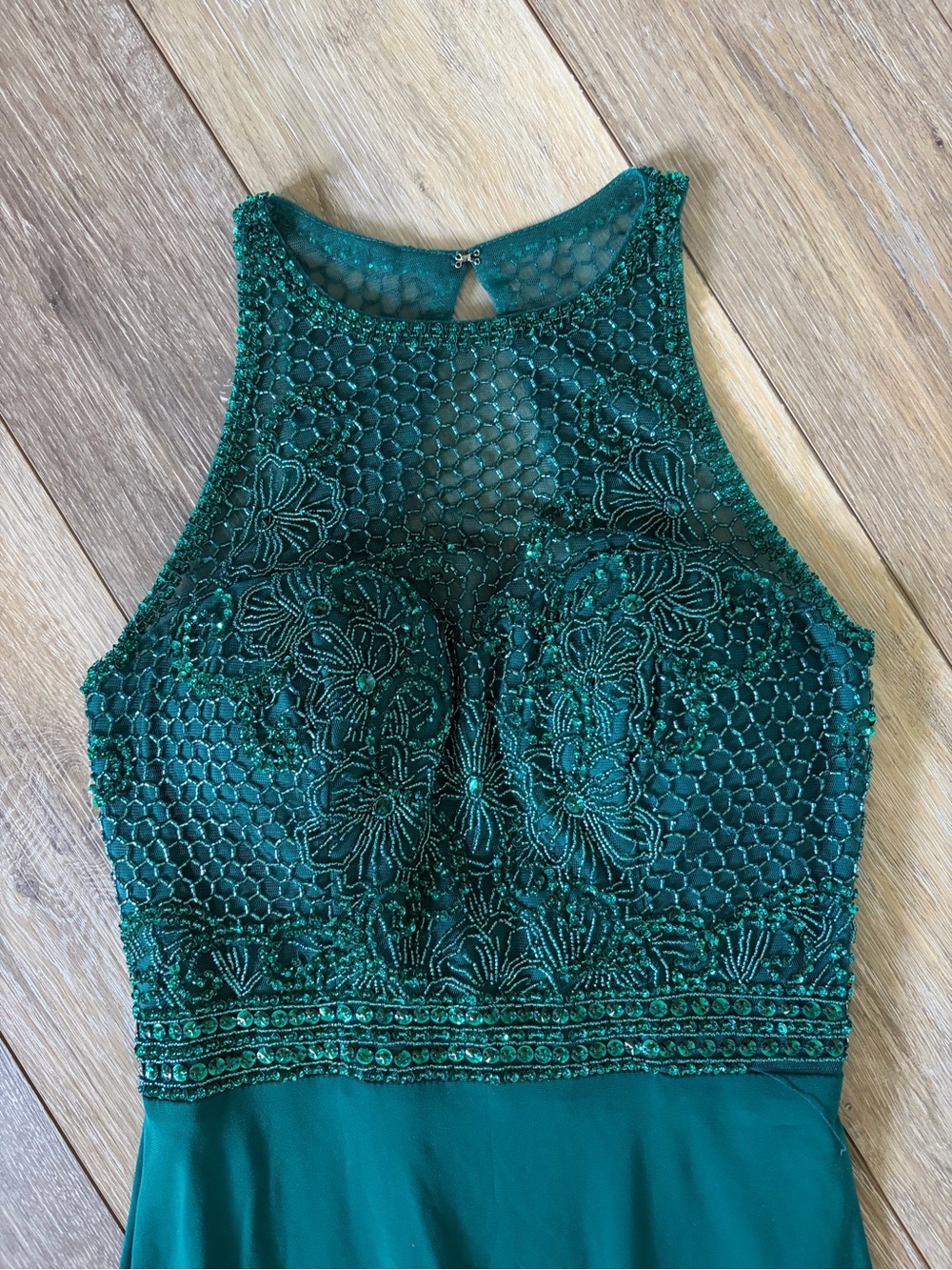 Sherri Hill Teal Beaded Halter Prom Gown with Side Slit - Picture 4 of 15